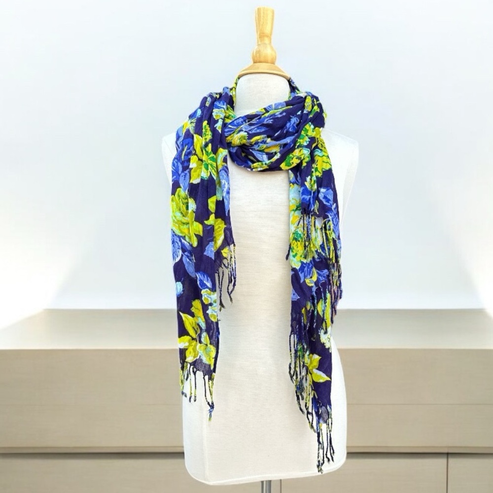 Isaac Mizrahi Blue Yellow Floral Scarf Fringe Wrap Shawl 70x26 OS